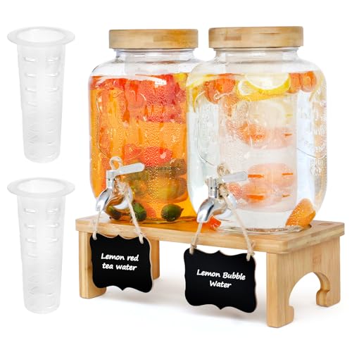 2 x 4L Getränkespender mit Ständer, Getränkespender aus Glas mit Zapfhahn aus massivem Edelstahl für geeiste Säfte, Wasser, hausgemachte Getränke, Partys, Hochzeiten von AIQII