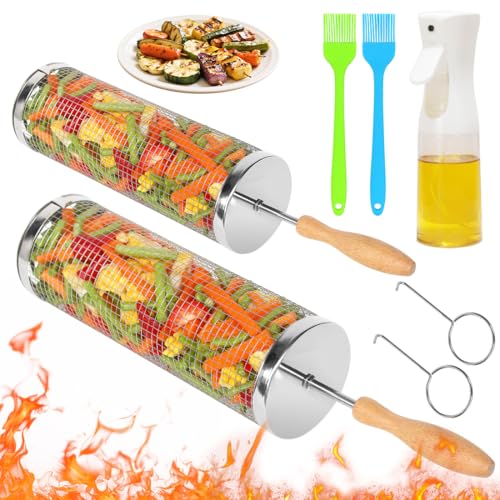 Nestendes Rollendes Grillkorb Set mit Abnehmbarer Holzgriff（2PCS）,Rolling Grilling Basket, Grillnetzrohr Edelstahl zylindrische Grillkorb für Den Außengrill für Gemüse，Geschenke für Männer von AIQII
