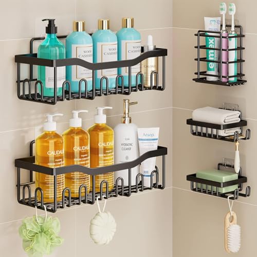 AIQII 5 Stück Duschablage Ohne Bohren Badezimmer Regal Organizer Shampoo Halterung für Dusche Wasserdichter und Rostfreier Duschregal Selbstklebender Duschorganisator für Badezimmeraufbewahrung von AIQII