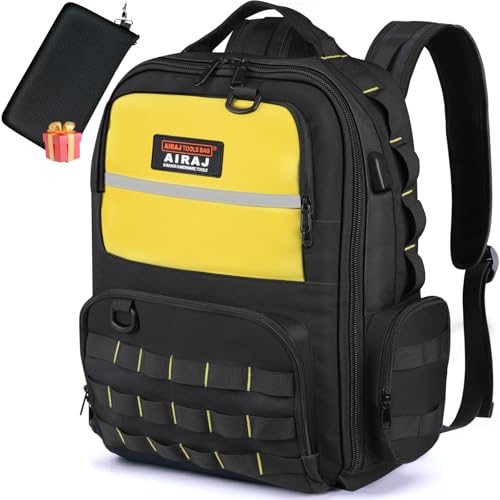 AIRAJ Werkzeugrucksack 46x40x18 cm, Werkzeug Rucksack mit 23 Taschen, Vollöffnungs-Design für Elektriker & Bauarbeiter (mit Doppelschicht-Teilebeutel) von AIRAJ