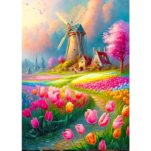 AIRDEA DIY Windmühle Diamond Painting Set Erwachsene Kinder, Diamant Painting Bilder 5D Tulpe Diamant Kunst Blumen Diamant Malerei Set Cross Stickerei Malerei Kits für Heimdekor 30x40 cm von AIRDEA