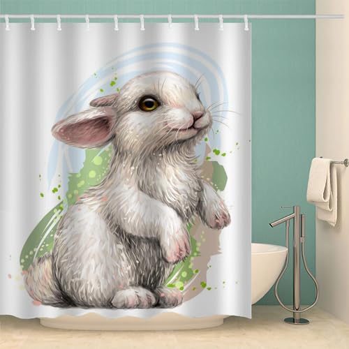 AIREBE Duschvorhang Cartoon-Tiere 180x180cm, Duschvorhang Wasserdicht Anti Schimmel,Schwer Stoff Polyester mit 12 Duschvorhangringen Kaninchen Weiß 3D Motiv Waschbar Badewanne Vorhang von AIREBE