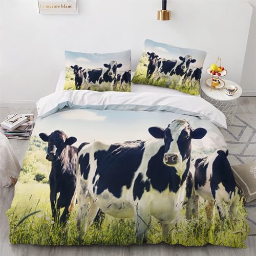 AIREBE Ochse Bettwäsche 3D Bettbezug Set 100% Polyesterfaser, Bettwäsche-Sets Kuh Weiß mit Reißverschluss Und Kissenbezügen Sommer Für Teenager Erwachsene （135x200cm） von AIREBE