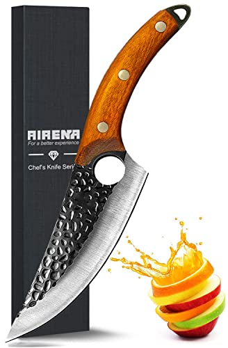 AIRENA Handgeschmiedetes Kochmesser, 5.5' Japanischer Stil Hackmesser, Fleischmesser, Deutscher Kohlenstoffstahl, Outdoor Messer mit Lederscheide und Full-Tang Holzgriff für Home, Camping, Grillen von AIRENA