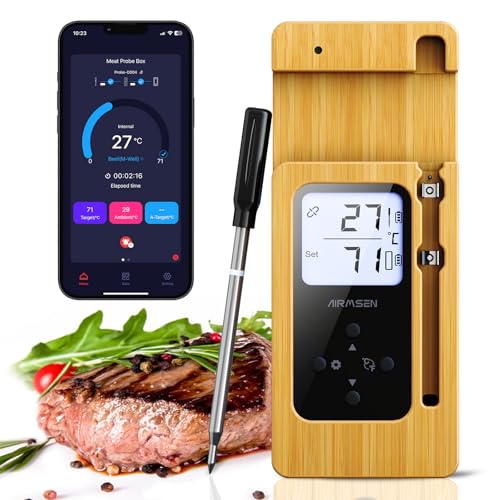 AIRMSEN Fleischthermometer Kabelloses mit LCD-Display, IPX8-Wasserdichtes Bratenthermometer, Grillthermometer Bluetooth mit 150m Reichweite, App-Steuerung, Keramikgriff, für Grill, Ofen und BBQ von AIRMSEN