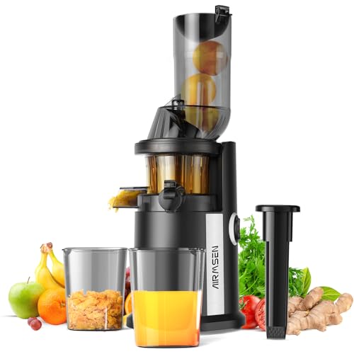 AIRMSEN Slow Juicer, Entsafter Gemüse und Obst mit 82mm Großem Einfüllöffnung für ganze Früchte entsaften, Max 450W BPA freie Cold Press Juicer Machine mit 2 Behälter und Bürste - Schwarz von AIRMSEN