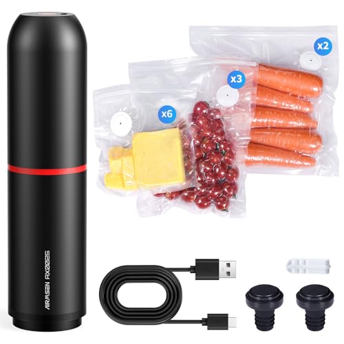 AIRMSEN Vakuumiergerät Klein, Handvakuumierer mit 40 kPa Saugkraft, inklusive 11 Vakuumbeutel & 2 Weinverschlüsse, ideal für Zuhause, Reisen, Camping und zur Lebensmittelkonservierung von AIRMSEN