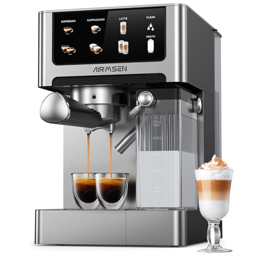 Espressomaschine Siebträgermaschine 20 Bar mit Automatischer Milchaufschäumer, Cappuccino & Latte Kaffeemaschine, Dual Boiler (1350W & 1000W), 15S Extraktion, Edelstahl, 1.8L Wassertank, Touchscreen von AIRMSEN