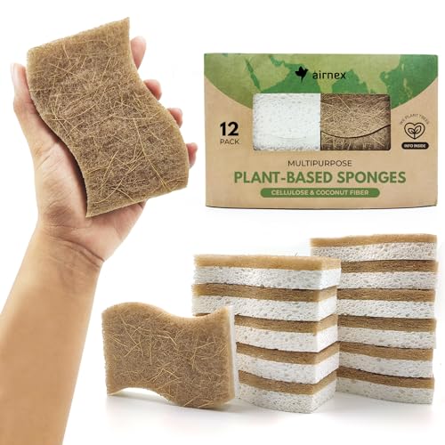 AIRNEX Spülschwamm Nachhaltig (12er Set), Öko Schwamm Küche, Biologisch Abbaubarer Küchenschwamm und Topfreiniger, Natur Kokos Geschirrschwamm Scheuer, Nachhaltige Produkte - Zero Waste Kitchen Sponge von AIRNEX