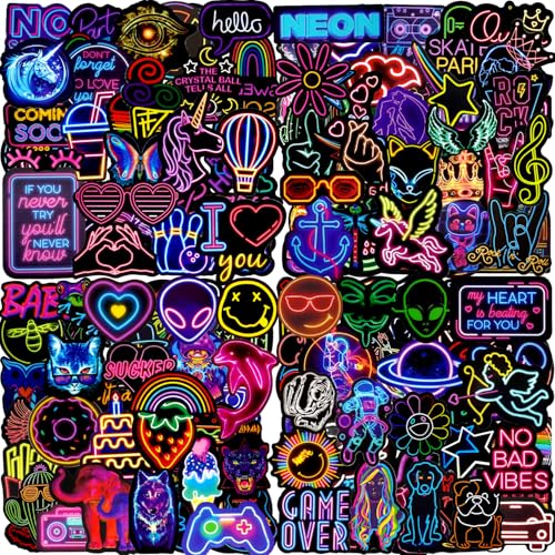 Aufkleber 200 Stück Neon Sticker Set Wasserfeste Vinyl Sticker Decals Coole Graffiti Sticker für Laptop Skateboard Scrapbook Trinkflasche MacBook IPad Handy Tagebuch Tassen Moped Fahrrad Koffer usw von AIRNOGO