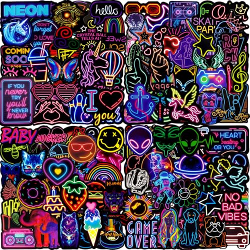 Aufkleber 200 Stück Sticker Set Neon Coole, Wasserdichte Vinyl Aufkleber, Sticker für Scrapbook Journal Laptop Koffer Skateboard Trinkflaschen Macbook Tagebuch Tasse Hefte Snowboard Gitarre Tablet usw von AIRNOGO