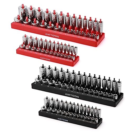 AIRTOON 1/4 Zoll & 3/8 Zoll Steckschlüssel-Organizer-Ablagen, 4-teiliges SAE- und metrisches Steckschlüssel-Set, tiefe und Standard-Stecknusshalter Organizer für Werkzeugkasten, schwarz und rot von AIRTOON