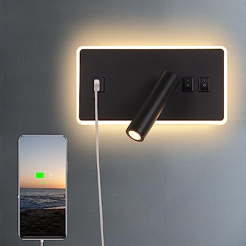 AIRTWESD USB-Aufladung Nachttischlampe schwenkbar Wandleuchte Schlafzimmer Strahler Leseleuchte Licht zum Lesen Flur mit Schalter (3W + 9W 3000k) von AIRTWESD