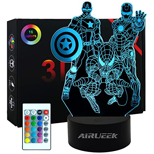 AIRUEEK Spiderman Spielzeug 3D Nachtlicht, Superhelden figuren für Jungen 16 Farben Dimmbar mit Touch Lampe für Iron Man, Captain America Geschenke von AIRUEEK