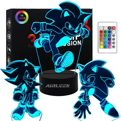 AIRUEEK Sonic the Hedgehog Spielzeug 3D nachtlicht LED Illusion Lampe-3Pack Sonic/1 Fernbedienung /1 schwarzer Sockel/-Schlafzimmerdekor Kreative Halloween Weihnachts Geschenke für Kinder Männer von AIRUEEK