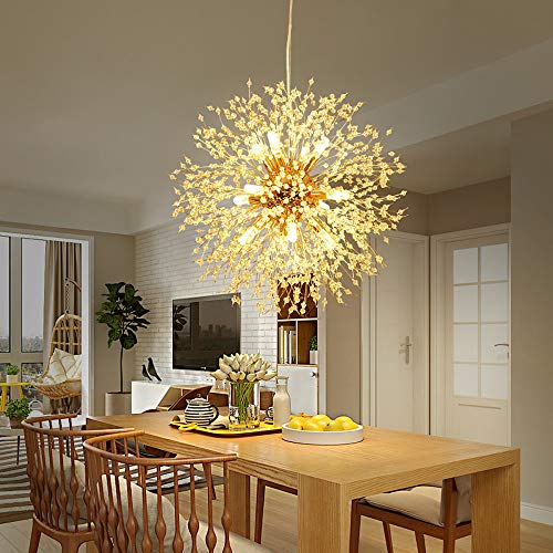 AIRUI Globus Kristall Kronleuchter LED Galvanik Feuerwerk Pendelleuchte Modern G9-Lampenfassung Löwenzahn Hängelampe Für Wohnzimmer Restaurant,Gold+WarmLight-12Heads55cm von AIRUI
