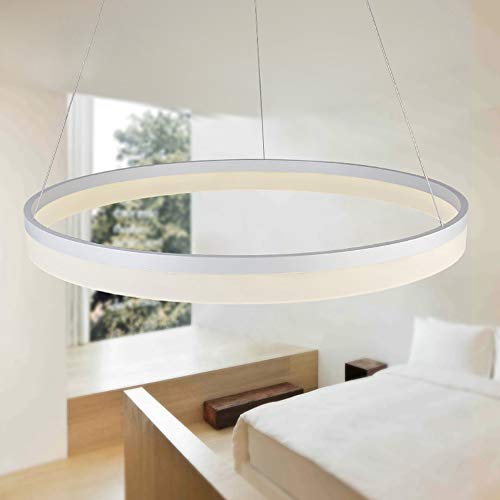 Einzelkreis LED Pendelleuchte Modern Metall Acryl 1-Licht Kronleuchter Verstellbar Hängend Hängelampe Für Wohnzimmer Schlafzimmer,White+SteplessDimming-40cm von AIRUI