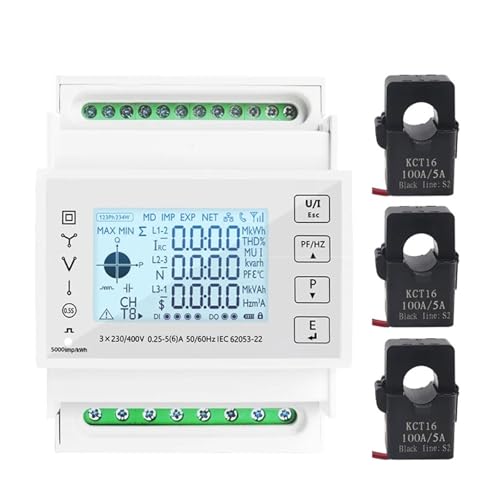 AIRUIXI Stromzähler Din-schiene 3 Phase Energie Monitor Verbrauch Power Meter kwh Amperemeter Mit 3PCS RS485 Modbus 50/100/15/200CT 230VAC(Meter 3PCS 100A CT) von AIRUIXI