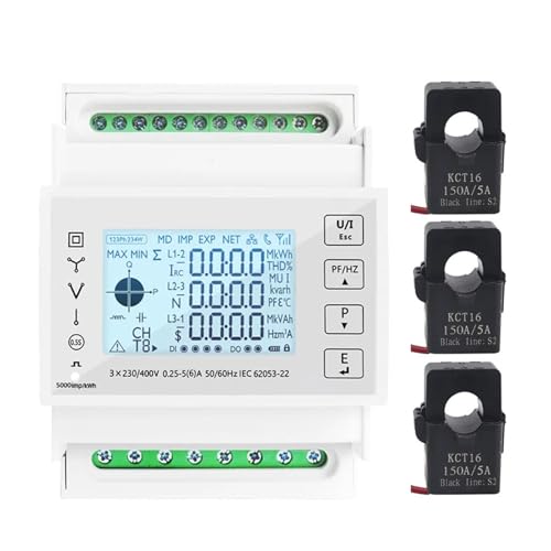 AIRUIXI Stromzähler Din-schiene 3 Phase Energie Monitor Verbrauch Power Meter kwh Amperemeter Mit 3PCS RS485 Modbus 50/100/15/200CT 230VAC(Meter 3PCS 150A CT) von AIRUIXI