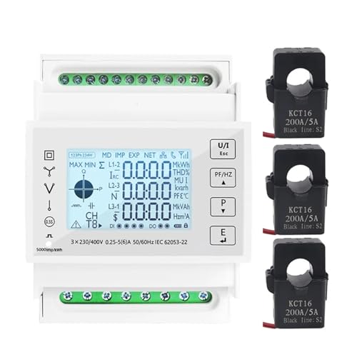 AIRUIXI Stromzähler Din-schiene 3 Phase Energie Monitor Verbrauch Power Meter kwh Amperemeter Mit 3PCS RS485 Modbus 50/100/15/200CT 230VAC(Meter 3PCS 200A CT) von AIRUIXI