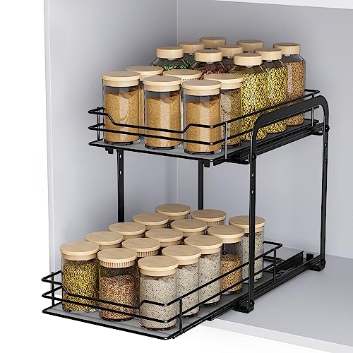 AIRUJIA Gewürzregal Ausziehbar, 2 Etagen Spülschrank Organizer, Gewürzregal Schrank, Spice Rack, Anhebbares Waschbecken Regal, Gewürz Organizerfür Für Küche, L26.4*B18.2*H23CM von AIRUJIA