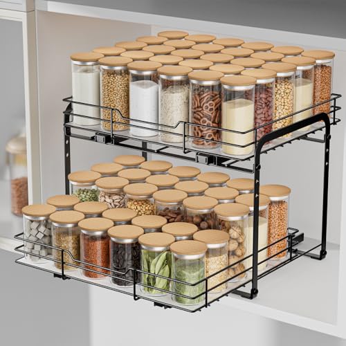 AIRUJIA Gewürzregal Ausziehbar, 2 Etagen Spülschrank Organizer, Gewürzregal Schrank, Spice Rack, Anhebbares Waschbecken Regal, Gewürz Organizerfür Für Küche, L34.3*B27.2*H24CM von AIRUJIA