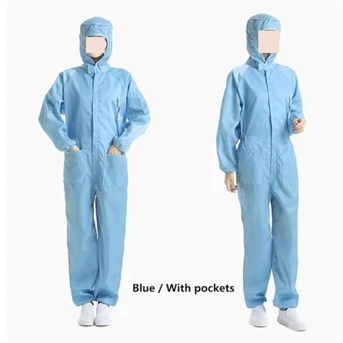 Antistatik-Eliminator, Mann Frau dicht Antistatische Kapuze Reinraum Kleidungsstück Farbe Uniform Overall Kleidung Einteiliger Overall Saubere Arbeitskleidung(Blue with pocket,Medium) von AIRYSSFU