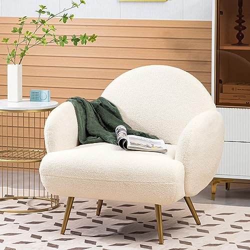 AISALL Sessel Moderner Loungesessel Einzel Loungesofa Lounge Sofa Gemütlicher Teddystoff Goldene Metallbeine Geeignet für Wohnzimmer Schlafzimmer, Weiß, Armlehne von AISALL