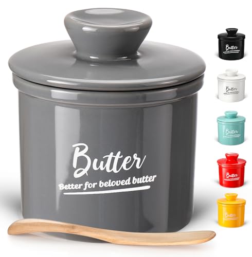 AISBUGER Französische Butterdose,Butterglocke Keramik mit Deckel,Butterdose Wassergekühlt mit Wasserlinie,keramische Butterglocke für Frische und Streichfähige Butter,Grau von AISBUGUR