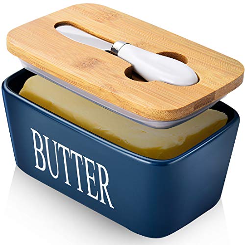 AISBUGUR Große Butterdose für 250g Butter, Butterdose mit Messer Keramik Butterdose Double-Layer-Silikon-Dichtung Butterdose mit Deckel, Gute Küche Geschenk (Blau) von AISBUGUR
