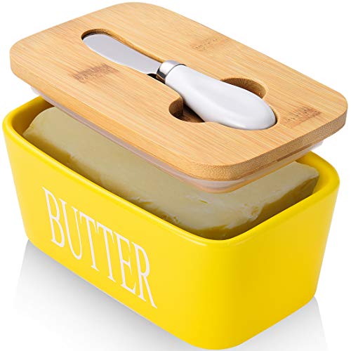 AISBUGUR Große Butterdose für 250g Butter, Butterdose mit Messer Keramik Butterdose Double-Layer-Silikon-Dichtung Butterdose mit Deckel, Gute Küche Geschenk (Gelb) von AISBUGUR