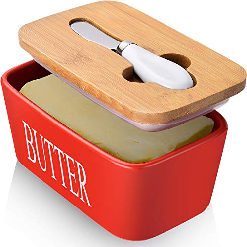 AISBUGUR Große Butterdose für 250g Butter, Butterdose mit Messer Keramik Butterdose Double-Layer-Silikon-Dichtung Butterdose mit Deckel, Gute Küche Geschenk (Rot) von AISBUGUR