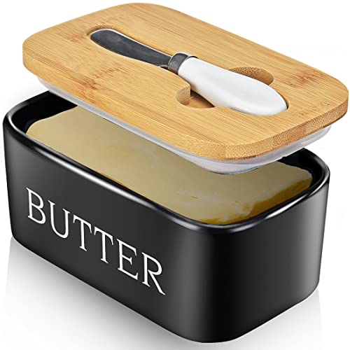 AISBUGUR Große Butterdose für 250g Butter, Butterdose mit Messer Keramik Butterdose Double-Layer-Silikon-Dichtung Butterdose mit Deckel, Gute Küche Geschenk (Schwarz) von AISBUGUR