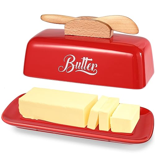 Butterdose mit Deckel und Messer, Keramik-Butterhalter für Theke, humanisiertes klemmbares Messergriff-Design, perfekt für East West Coast Butter, rot von AISBUGUR