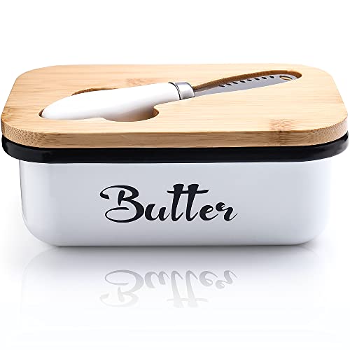 Butterdose mit Holzdeckel，Butterdose edelstahl Butterglocke für 250 g Butter，Butterdose mit Multifunktionales Buttermesser，Große Butterdose aus Edelstahl，Butterbox für Haushalt und Küche(Weiß) von AISBUGUR