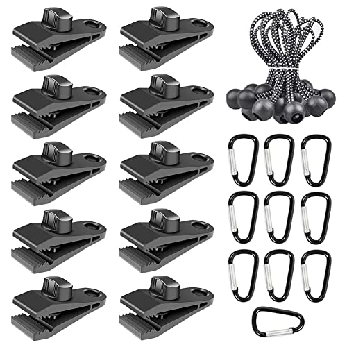 30 Stück Zeltplanen Clips Zeltklemmen Tarp Clip Set Planenklammern Zelt Clips Planenclip mit Ball Bungee Schnur und D-Form Karabiner für Zelte Planen Markisen Vordächer von AISHOW