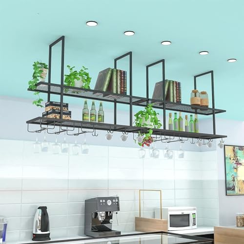 2-stufiges Deckenregal – an der Decke hängender Weinglashalter – an der Decke hängender Weinglashalter, hängendes Küchenregal, an der Wand montierter Weinglashalter mit Leitplanken (Größe: 100 x 30 x von AITEKODVG
