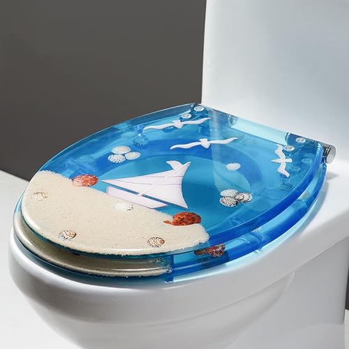 A, langsame enge Toilettensitz 3D -Effekte Ozean -Serie -Toilettensitze mit echten Muscheln und Kies, schnell und weicher enger Toilettensitz mit Edelstahlscharnieren, einfach zu installieren und zu von AITEKODVG