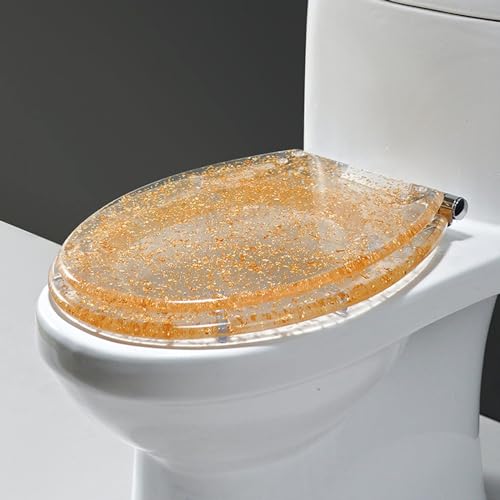 Dryfal Harz Toilettensitz verlängerte weiche, enge Toilettensitz Schnellfreisetzung, einfache saubere Toilettensitz Hochleistungs -Toilettensitze mit Glitzerabdeckung Glo -Sitze, 36 * 42 cm, Gelb von AITEKODVG