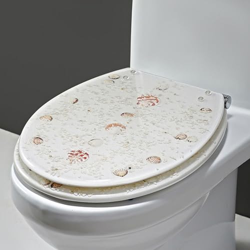 F, 3D Effects Ocean Series Toilettensitz mit echten Muscheln und Kies, langsamer enger Toilettensitz mit Edelstahlscharnieren, schnelle Demontage, einfach zu installieren und zu reinigen, runde Harz von AITEKODVG