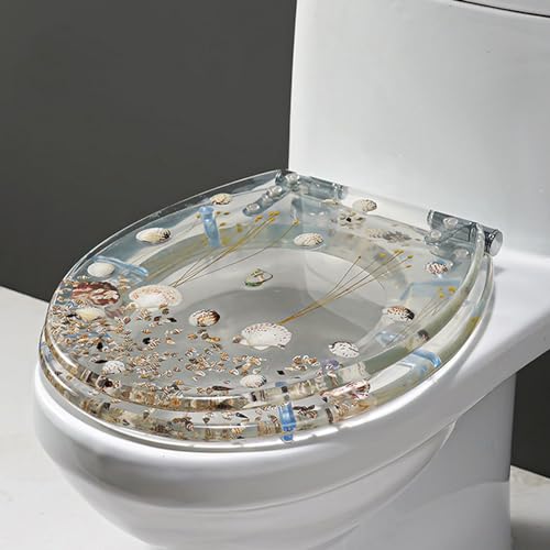 H, 3D Effects Ocean Series Toilettensitz mit echten Muscheln und Kies, langsamer enger Toilettensitz mit Edelstahlscharnieren, schnelle Demontage, einfach zu installieren und reinigen, runde Harz von AITEKODVG