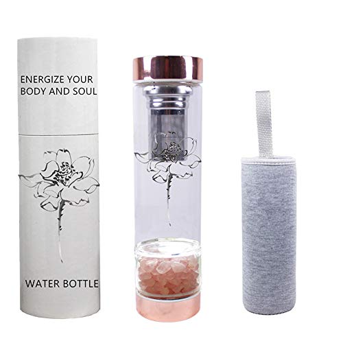 AITELEI Edelstein-Wasserflasche mit Kristallelixier und Teekanne, Tee-Sieb mit Kristallwasserflasche und abnehmbaren Rosenquarzkristallen für Chakra Wellness - 15 oz (Rosenquarz) von AITELEI