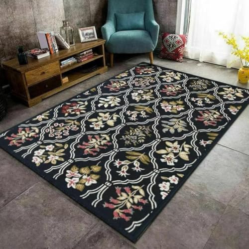 AITROMNI Antirutsch Matte Schwarzes Blumenmuster Wohnzimmer Schlafzimmer Rutschfester verschleißfester Fusselteppich 120X200CM von AITROMNI