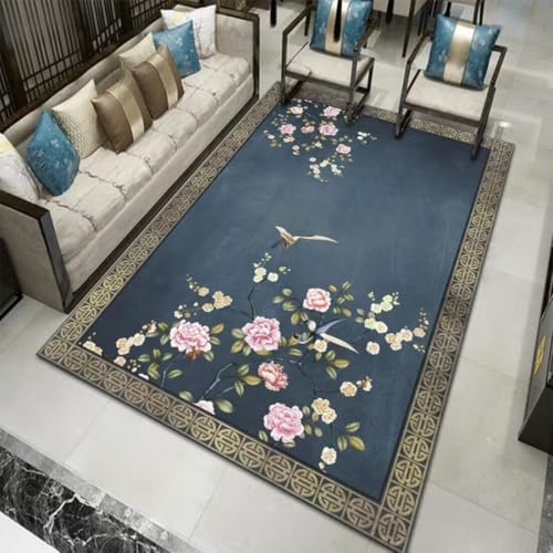 AITROMNI Blue Kinderzimmer Teppich Jungen Chinesisches Blumenmuster Haushalt Rutschfester Teppich Wohnzimmer Schlafzimmer langlebig 70X200CM von AITROMNI