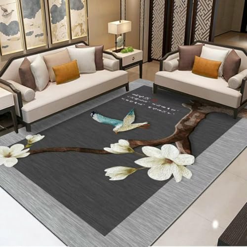 AITROMNI Grey Waschbare Teppiche Waschmaschine Pflaumenblütenmuster Design Wohnzimmer Sofa Rutschfester Teppich kann viele Jahre verwendet Werden 170X240CM von AITROMNI