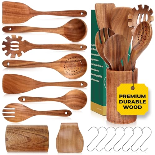 AIUHI 9-teiliges Holzlöffel zum Kochen, fein polierte Küchenutensilien aus Holz, antihaftbeschichtet, Teakholz, Spatel, Utensilien-Set, langlebig, stabil und bequemer Griff von AIUHI