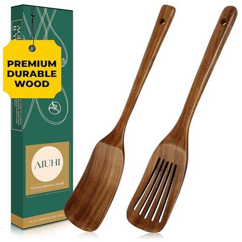 AIUHI Teakholz-Spatel-Set, langer Griff, Holzspatel zum Kochen, hitzebeständiges Kochutensilien-Set enthält Schlitzspatel und Pfannenwender AIUHI Teakholz-Spatel-Set, langer Griff, Holzspatel zum Kochen, hitzebeständiges Kochutensilien-Set enthält Schlitzspatel und Pfannenwender von AIUHI