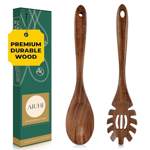 Nudelheber aus Teakholz, Spaghetti-Nudellöffel-Set aus Teech, Spaghetti-Gabel und Löffel, 2-teilig von AIUHI
