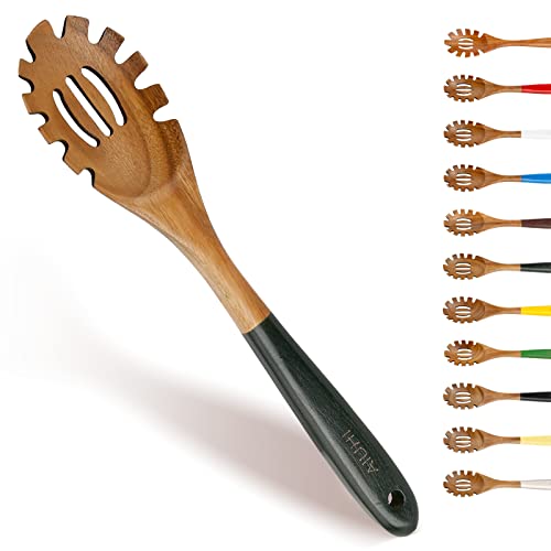 Spaghettiheber aus Holz, Nudellöffel, 33 cm, Teakholz, Spaghettigabel, Pasta, Spaghetti-Servierlöffel, Tintengrün von AIUHI