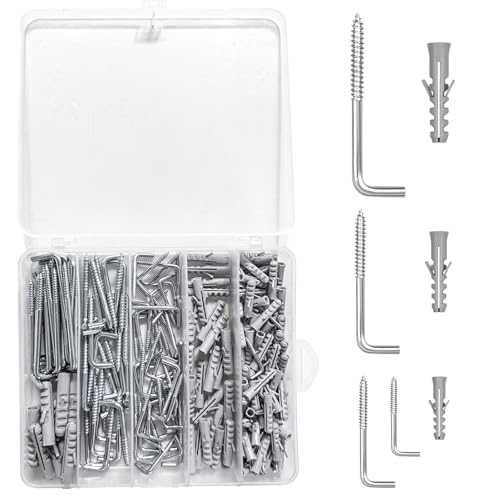 AIUNBEST 210 Stück Schraubhaken Set mit Dübel Hakennägel 4 Größen L-Haken Hakenschrauben Gerade Einschraubhaken Bilderhaken Wandhaken zum Schrauben Haushalt Werkstatt und Garten von AIUNBEST